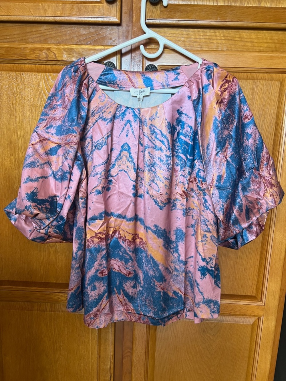 Umgee Pink Marble Print Puff Sleeve Top with Blue & Gold Accents
